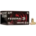 Federal FED AM EAGLE black and red ammunition box with two cartridges, front view