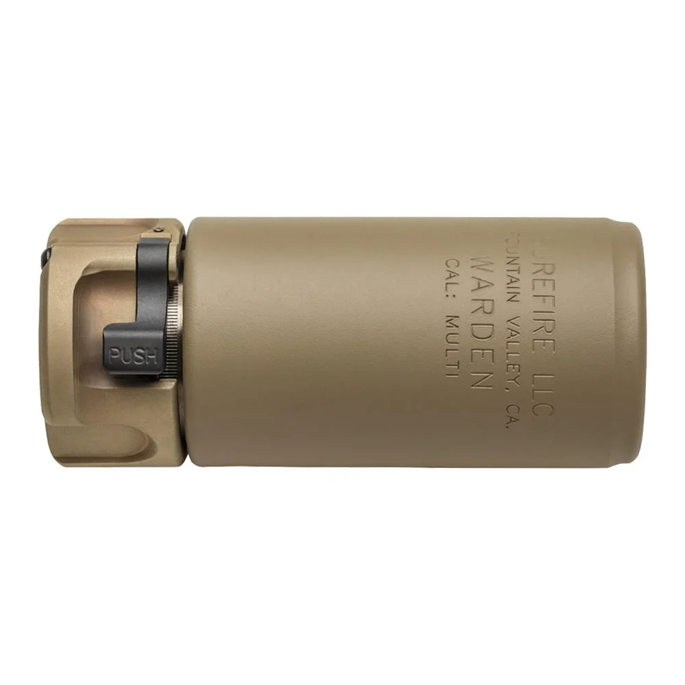primary-47986 SUREFIRE WARDEN-BLAST MULTI CAL DE tan cylindrical device with dark mounting collar, side view