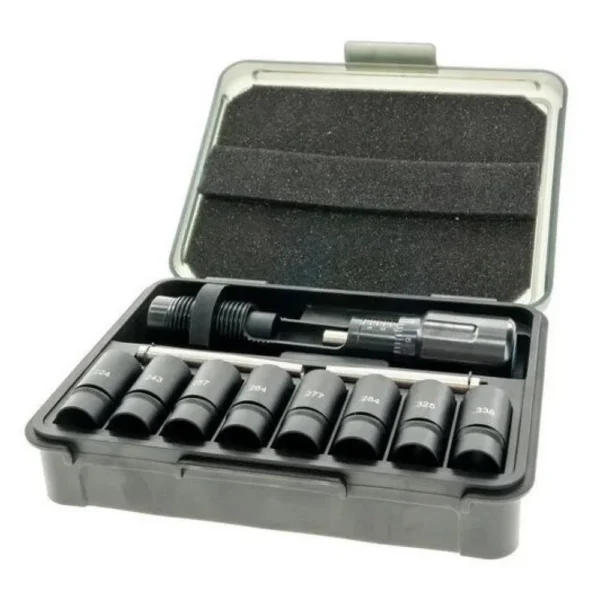 Frankford Arsenal Universal Bullet Seating Die, open gray case with die and multiple inserts