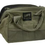 Bulldog Cases Ammo & Accessory Bag, green front view with handles, pockets and mesh panel