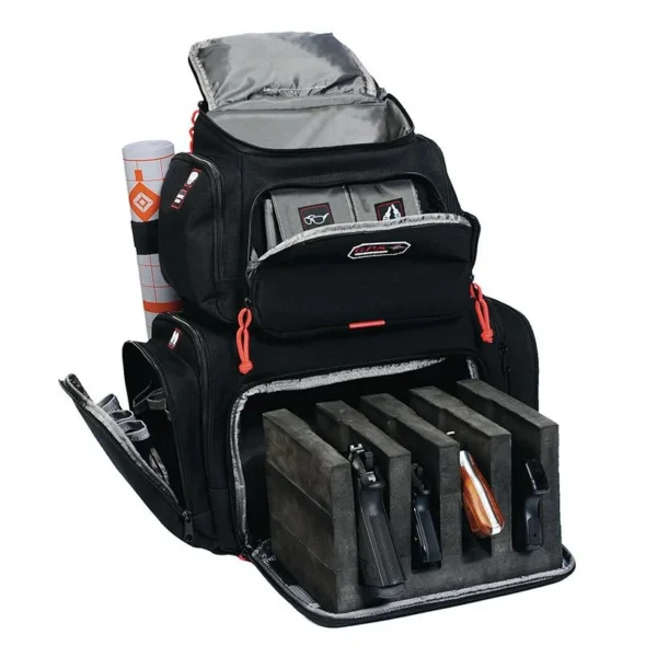 G-Outdoors Handgunner Backpack, open black backpack with divided handgun cradle and pockets