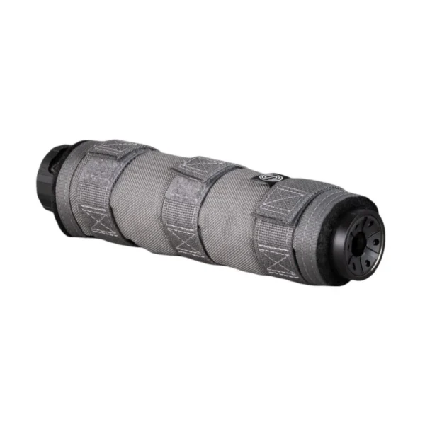SilencerCo SCO SUPPRESSOR COVER, gray textured cylindrical cover in angled side view
