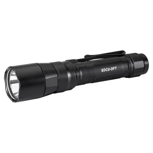 Surefire EDC2-DFT Everyday Carry Flashlight, black side view with pocket clip and wide bezel