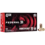 Federal Cartridge Co. American Eagle ammunition, black and red box with two cartridges beside it