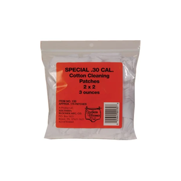 Southern Bloomer .30 caliber 2x2 patches, clear plastic bag with red product label, front view