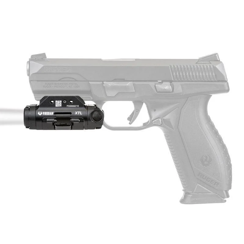 primary-48075 Viridian XTL Gen 3 Universal Tactical Light & HD Camera, black unit mounted under a pistol