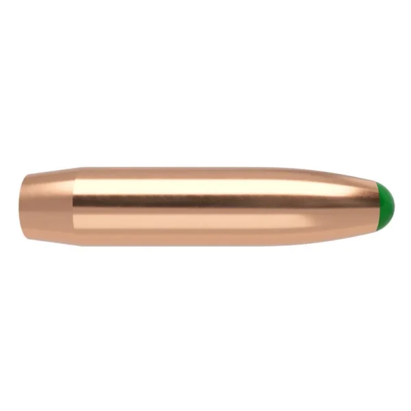 NOSLER 30 CAL 220GR 50CT, copper-colored bullet in side view with green tip at the base