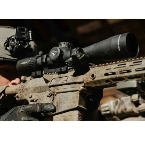 Leupold Mark 4HD Rifle Scope, right-side view mounted on a tan rifle with large objective and turrets