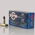 Prvi Partizan PPU 32 S&W LONG LRN, blue ammunition box with three cartridges in front