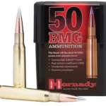 Hornady Match rifle ammunition, black and red case with two brass cartridges displayed