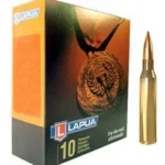 Lapua Rifle Ammunition, green and orange box beside one brass cartridge