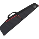 Allen Ruger rifle case, black angled side view with red trim, carry handle and Ruger logo