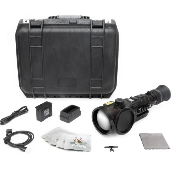 IRay USA Nocpix RICO 2 thermal weapon sight, black side view with case and accessories