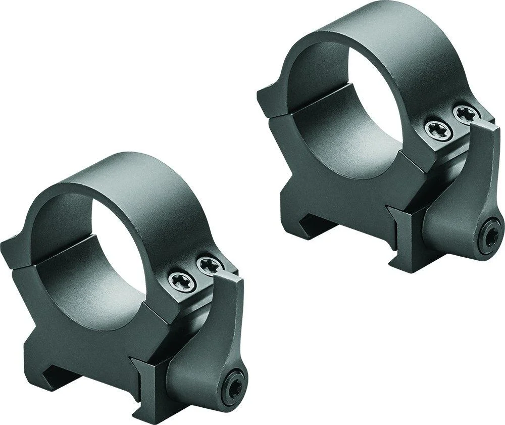 primary-48137 Leupold Precision-Fit QRW2 rings, matte black pair shown from front and side angles