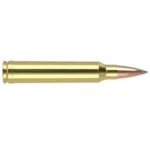 Nosler TGA, side view of a brass rifle cartridge with copper-colored pointed bullet