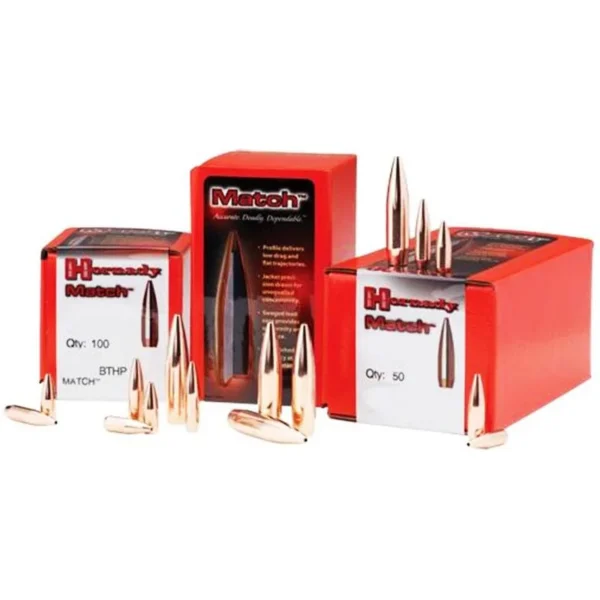 Hornady Match Bullets, copper-coloured pointed bullets displayed with red and white boxes