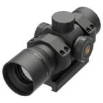 Leupold Freedom Red Dot Sight, black angled front view with mount and adjustment turrets