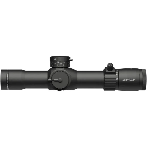 Leupold Mark 5HD black rifle scope, right-side view with adjustment turrets