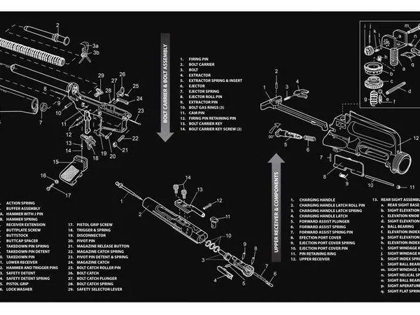 Gsm TekMat AR-10, black rectangular gun cleaning mat with white AR-10 diagram and parts list