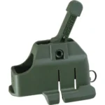 Maglula Lula Loader for M4/AR-15, dark green loader with raised lever, angled front view