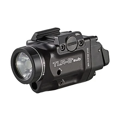 Streamlight TLR-8 Sub, black rail-mounted light and laser unit, front-right view