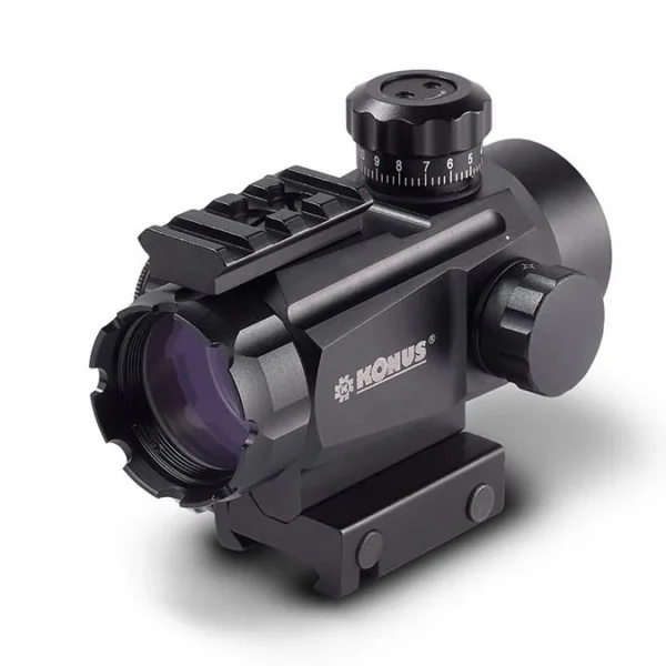 Konus KONUSIGHT Multi-Reticle Tactical Red Dot Sight, black optic at front-left angle