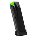 Mec-Gar Beretta Compact 92FS black handgun magazine, angled view with green follower
