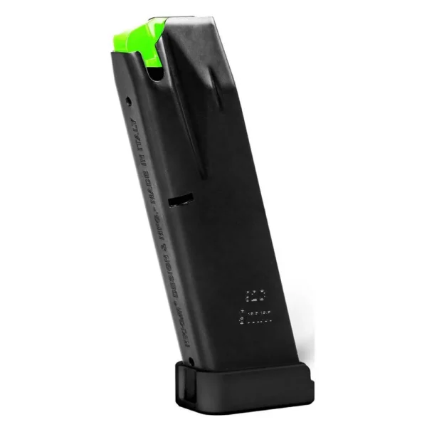 Mec-Gar Beretta Compact 92FS black handgun magazine, angled view with green follower