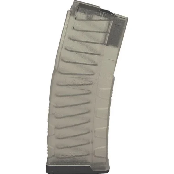 Mission First Tactical MAG MFT EXD, translucent gray curved magazine, side view