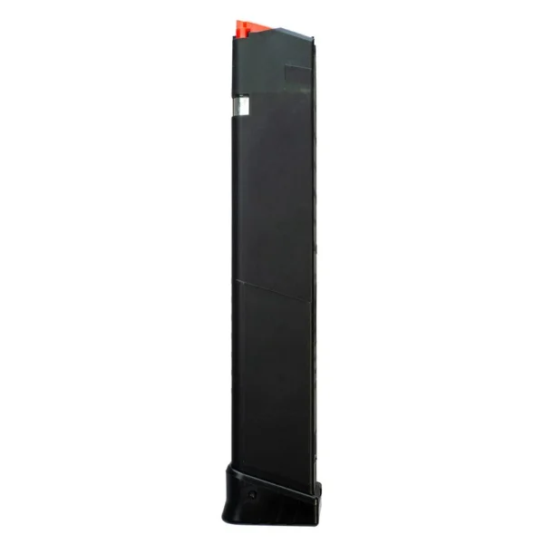 Global Ordnance Handgun Magazine for Glock, black side view with orange follower