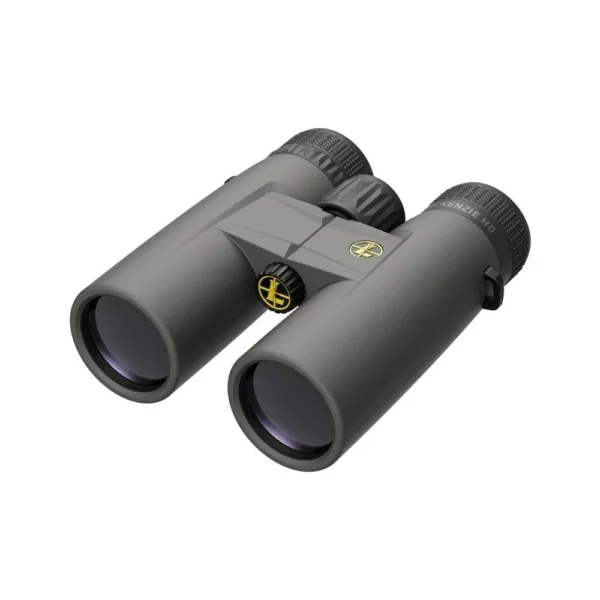 Leupold BX-1 McKenzie HD binoculars in shadow gray, angled front view with twin objective lenses