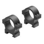 Leupold Open Range Cross-Slot Rings in matte black, angled view of two rings