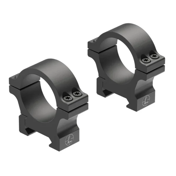 Leupold Open Range Cross-Slot Rings in matte black, angled view of two rings