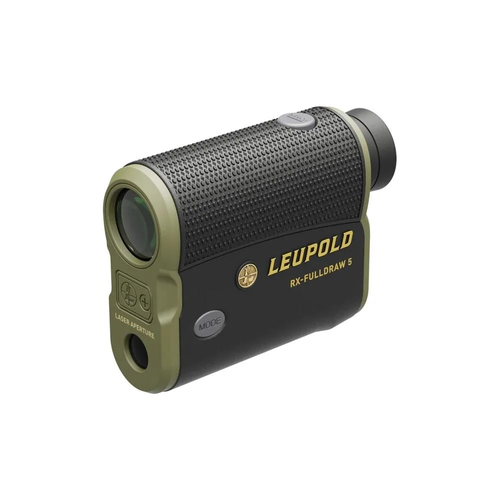 primary-48234 Leupold RX-FullDraw 5 Rangefinder with DNA Black/Green OLED, angled front view in black and green