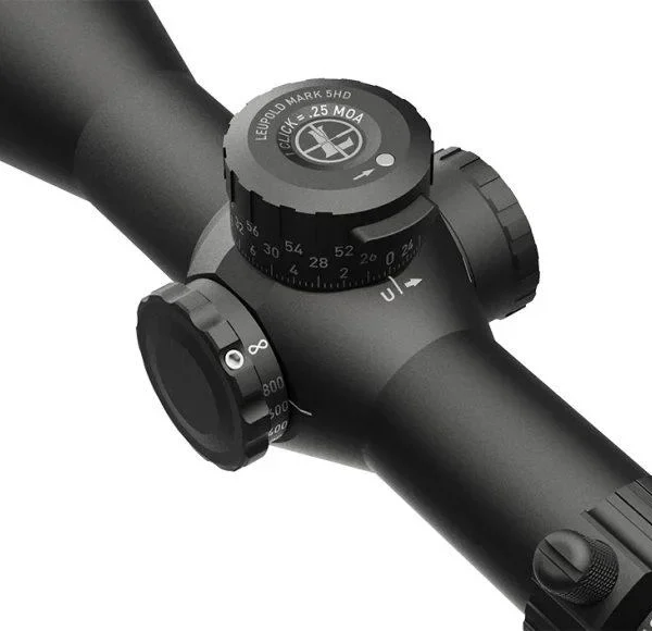 Leupold Mark 5HD Rifle Scope, black angled close-up showing adjustment turrets and tube
