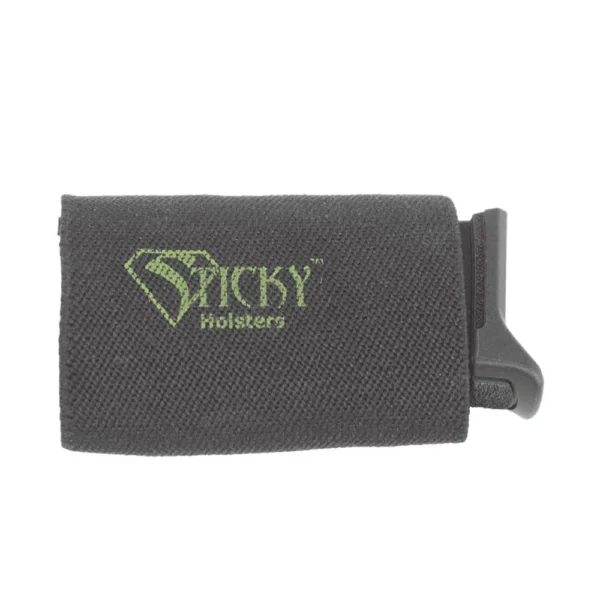 Sticky Holsters Belt Slider magazine carrier, black side view with green logo and belt loop