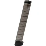 Amend2 Glock Double Stack magazine, angled side view in translucent smoke with black baseplate