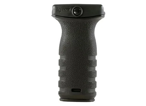 Mission First Tactical React Short Vertical Grip, black front view with textured sides and finger grooves