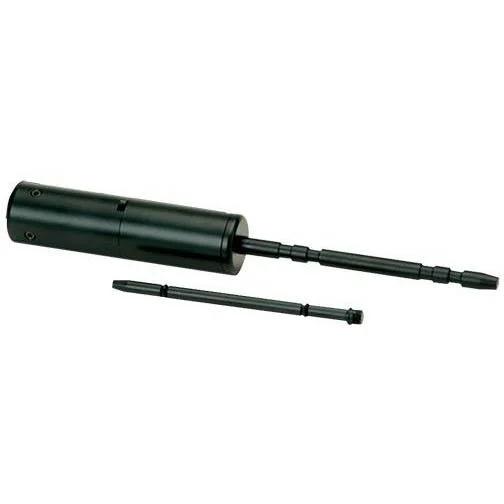 Gsm SME End of Barrel Laser Bore Sight, black cylindrical tool with two rods in angled view