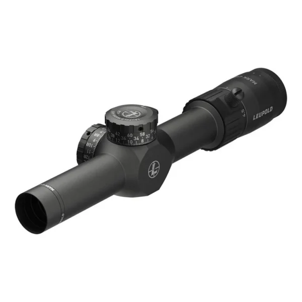 Leupold Mark 4HD Rifle Scope, angled black view with adjustment turrets and eyepiece