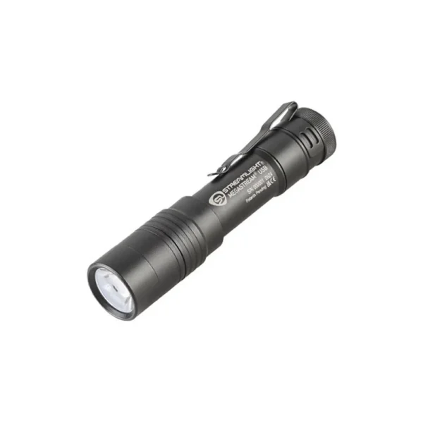 Streamlight MegaStream USB Flashlight, black angled view with pocket clip and white lens