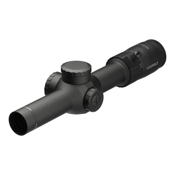 Leupold Mark 4HD Rifle Scope, angled view of black scope with capped adjustment turrets