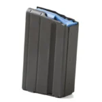 ASC AR-15 Stainless Steel Magazine, black angled front view with blue follower visible