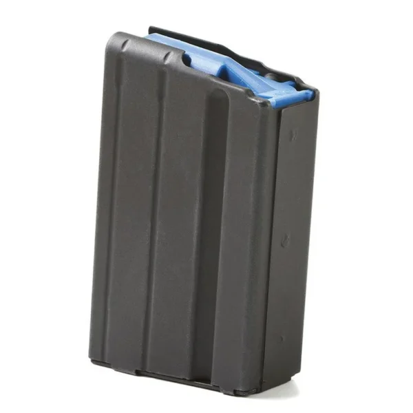 ASC AR-15 Stainless Steel Magazine, black angled front view with blue follower visible