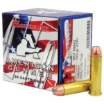 Hornady American Gunner Handgun Ammunition box with three brass cartridges, two upright