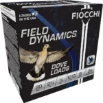 Fiocchi D&Q ammunition box, front three-quarter view, black and blue packaging with dove graphic