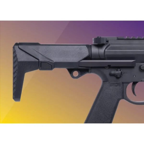 Q LLC Q Shorty Stock, black stock shown mounted in a close-up side view