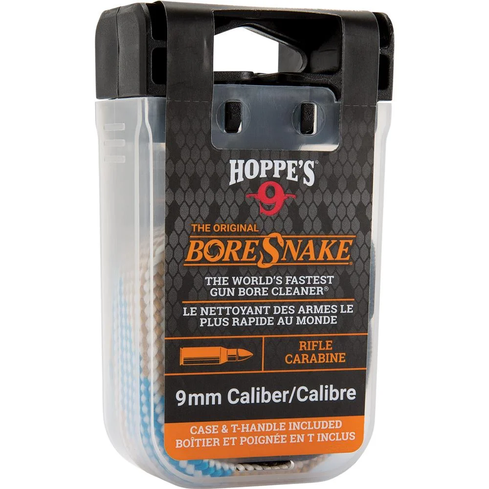 primary-48317 Hoppe's Boresnake Den 9mm Rifle in clear retail case, front view with black and orange label