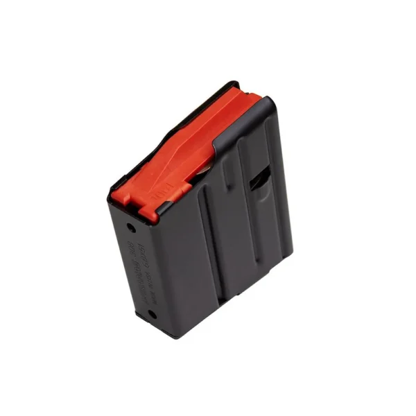 MAG DURAMAG 10RD 308/6.8X51 SS BLK, black magazine with red follower, angled top view