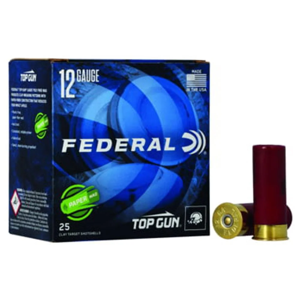 primary-48341 Federal Top Gun Paper Wad Shotshells box with two red shells, front and base views